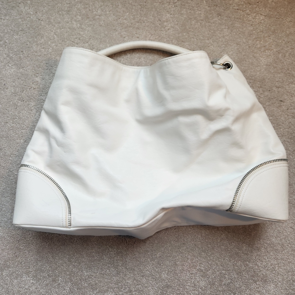Express White Handbag with Silver Zipper Details, Snap Closure
